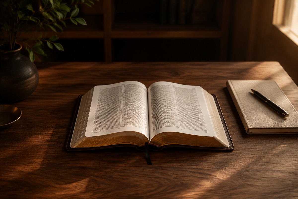 Illustrative Bible study scene with an open Bible and notebook in warm sunlight