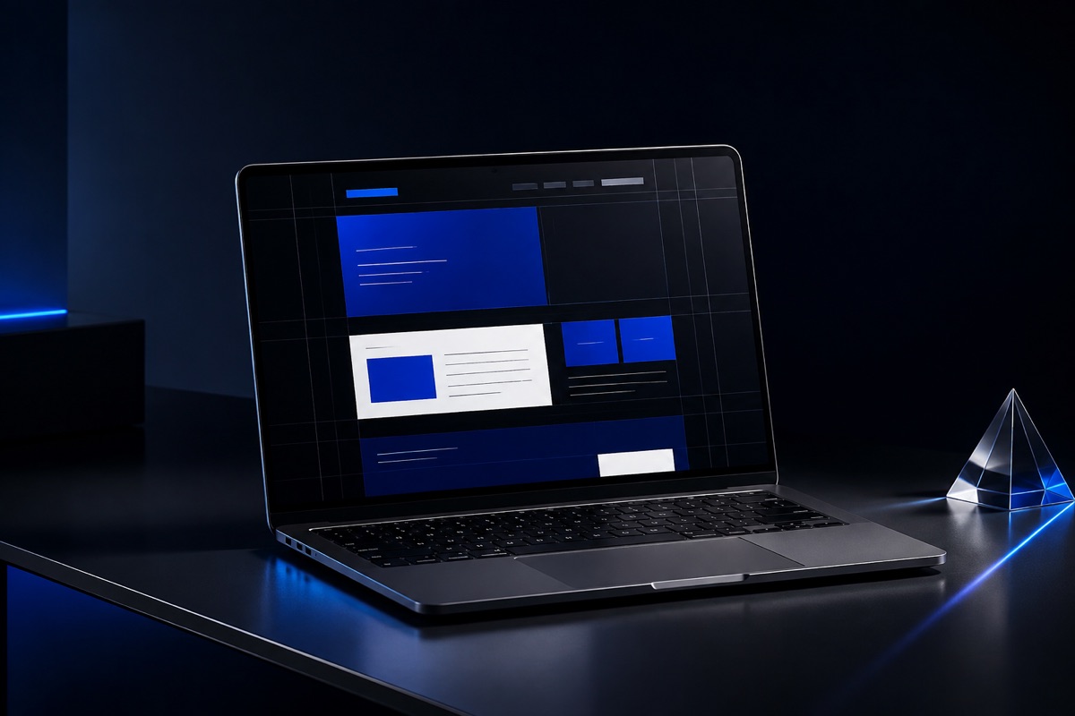 Illustrative website review workspace with a laptop and blue studio lighting