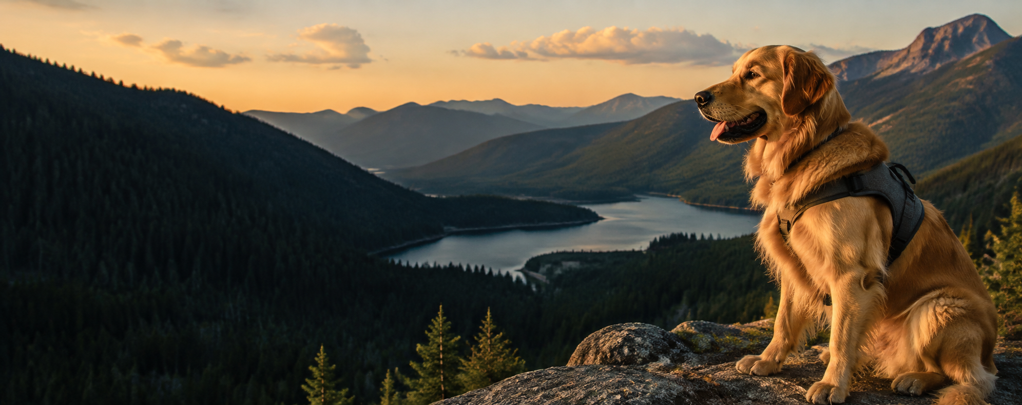 Wag Trails product artwork: a dog overlooking a mountain lake